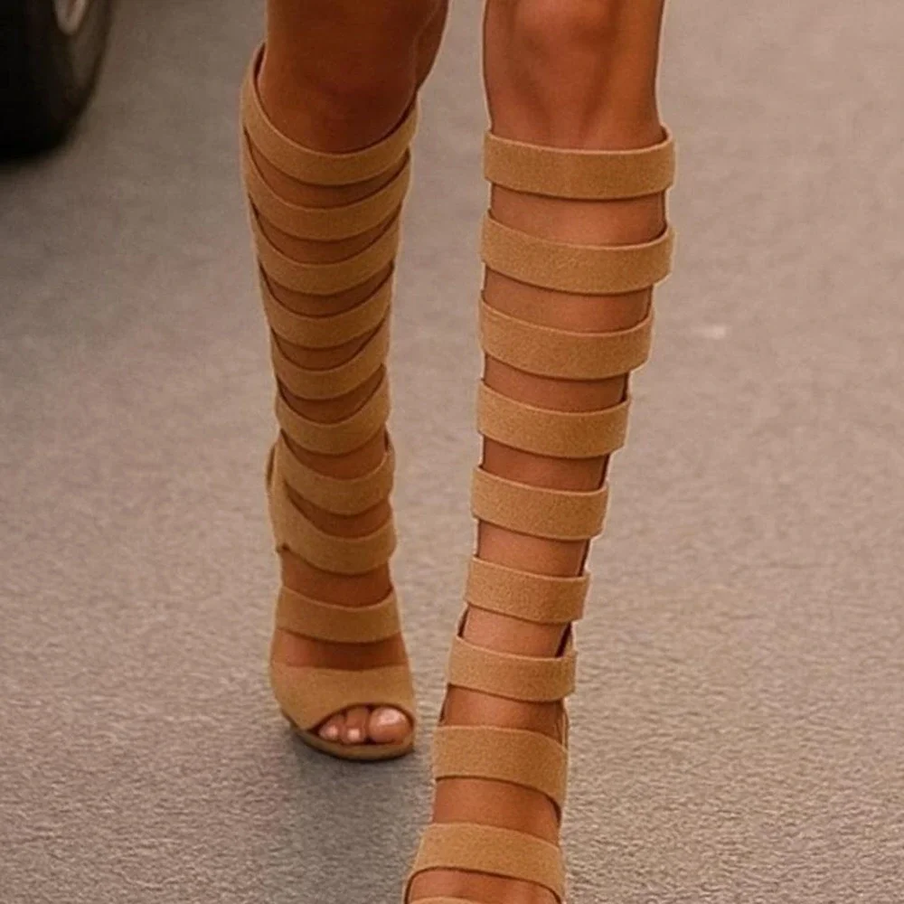 TAN SUEDE Cut Out  GLADIATOR sandal Knee HIGH W Heel Sz 7 Open Toe Boot